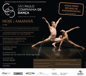 O convite em fundo preto apresenta à esquerda, informações sobre o espetáculo e à direita, uma foto com um par de bailarinos da coreografia Petit Mort. 