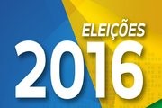 Logo retangular nas cores amarela, verde e azul. Em letras brancas, eleições 2016. 