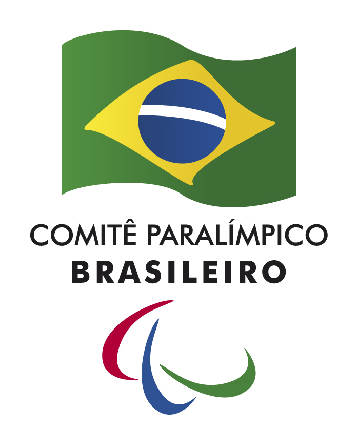 Logo CPB; Bandeira do Brasil, logo abaixo escrito em letras pretas Comitê Paralímpico Brasileiro e mais abaixo, três 