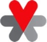 Logomarca composta por três corações estilizados posicionados em formato que remete a uma estrela de seis pontas. Um, vermelho sobreposto aos outros dois em tons de cinza.
